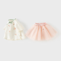 Dave&Bella Kids Girls Summer Milk White Chinese-style Embroidery Turtle Mesh Skirt Suits
