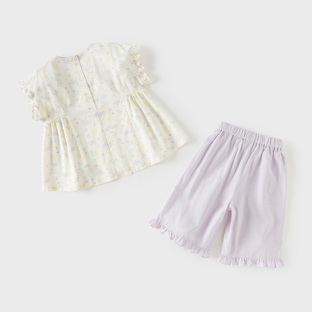 Dave&Bella Toddler Girls Summer Beige Butterfly Print Chinese-style Sleeveless Outfit Sets