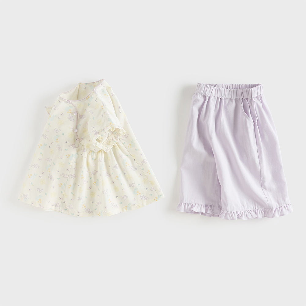 Dave&Bella Toddler Girls Summer Beige Butterfly Print Chinese-style Sleeveless Outfit Sets