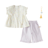 Dave&Bella Toddler Girls Summer Beige Butterfly Print Chinese-style Sleeveless Outfit Sets