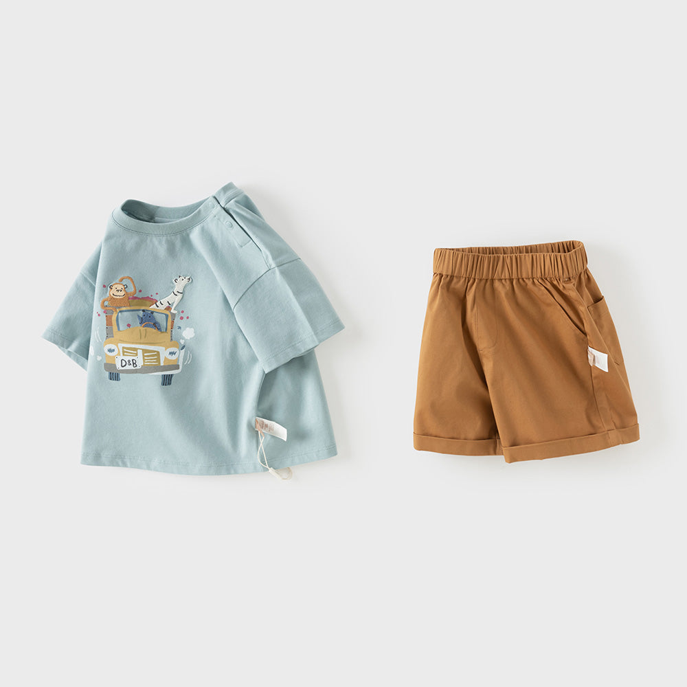 Dave&Bella Summer Toddler Boys Blue Casual Comfortable Cute Car Print Top Shorts Sets