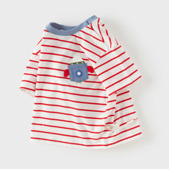 Dave&Bella Toddler Boys Summer Fashion Striped Red/Blue Breathable Casual T-shirts
