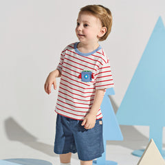 Dave&Bella Toddler Boys Summer Fashion Striped Red/Blue Breathable Casual T-shirts