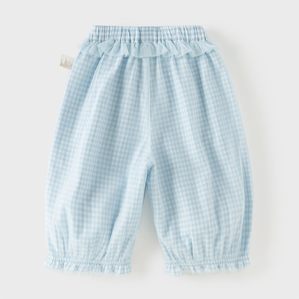 Dave&Bella Toddler Girls Summer Stylish Blue White Plaid Straight-leg Wide Soft Mesh Pants