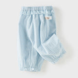 Dave&Bella Toddler Girls Summer Stylish Blue White Plaid Straight-leg Wide Soft Mesh Pants
