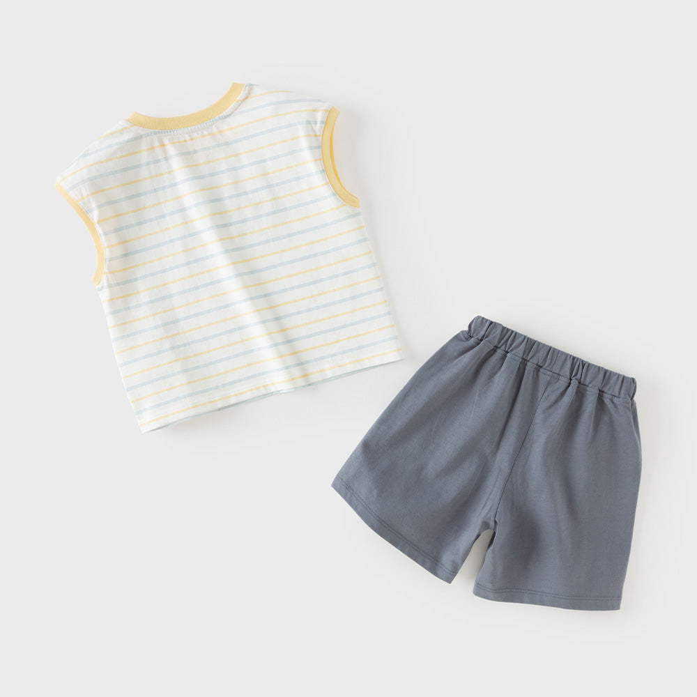 Dave&Bella Summer Toddler Boys Yellow Striped Cute Print Comfortable Sleeveless Sets