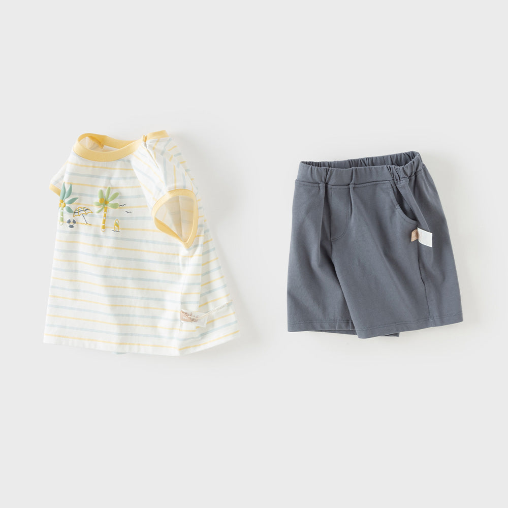 Dave&Bella Summer Toddler Boys Yellow Striped Cute Print Comfortable Sleeveless Sets