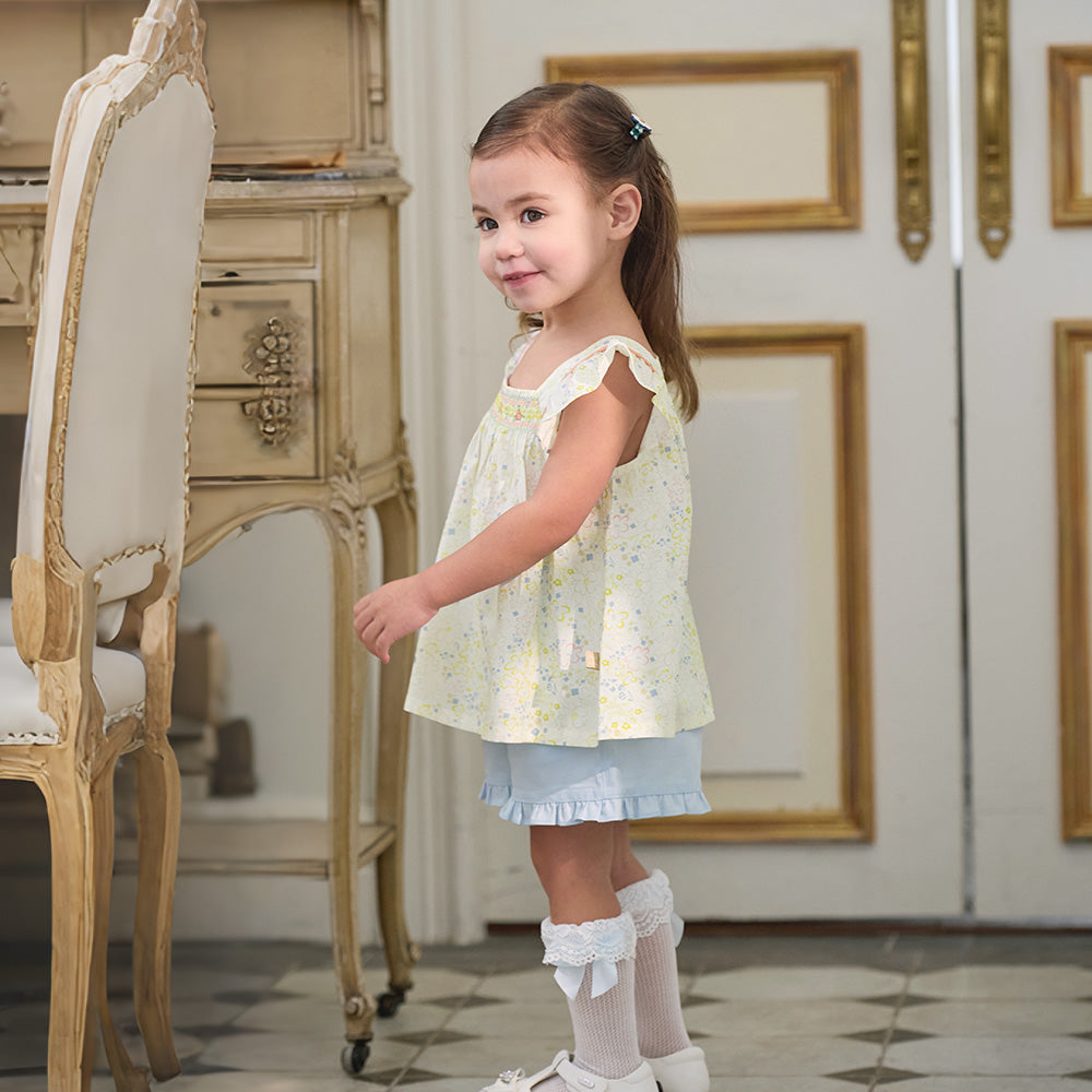 Dave&Bella Summer Toddler Girls Floral Stylish Square Collar Flower Print Outfit Sets