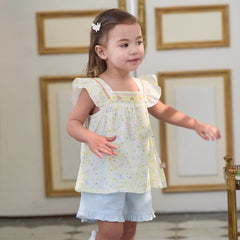 Dave&Bella Summer Toddler Girls Floral Stylish Square Collar Flower Print Outfit Sets
