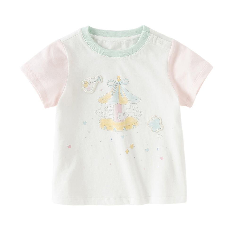 Dave&Bella Toddler Girls Summer Adorable Pink/White Short Sleeve Cotton Casual T-shirts