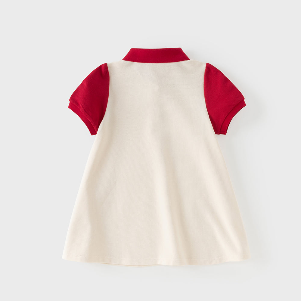 Dave&Bella Summer Toddler Girls Beige Polo Collar Cute Rabbit Stretchable A-line Dress -1