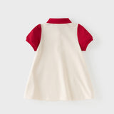 Dave&Bella Summer Toddler Girls Beige Polo Collar Cute Rabbit Stretchable A-line Dress -1