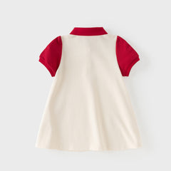 Dave&Bella Summer Toddler Girls Beige Polo Collar Cute Rabbit Stretchable A-line Dress