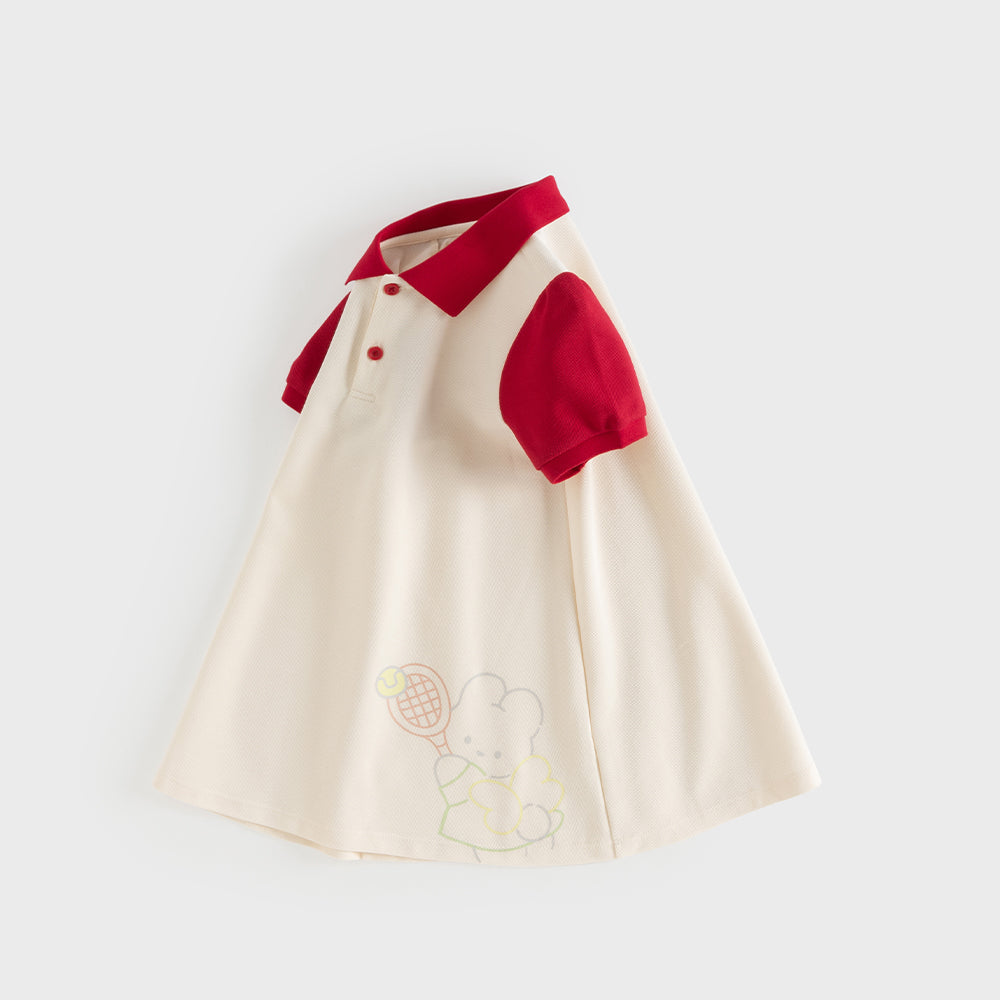 Dave&Bella Summer Toddler Girls Beige Polo Collar Cute Rabbit Stretchable A-line Dress -1