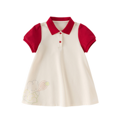 Dave&Bella Summer Toddler Girls Beige Polo Collar Cute Rabbit Stretchable A-line Dress