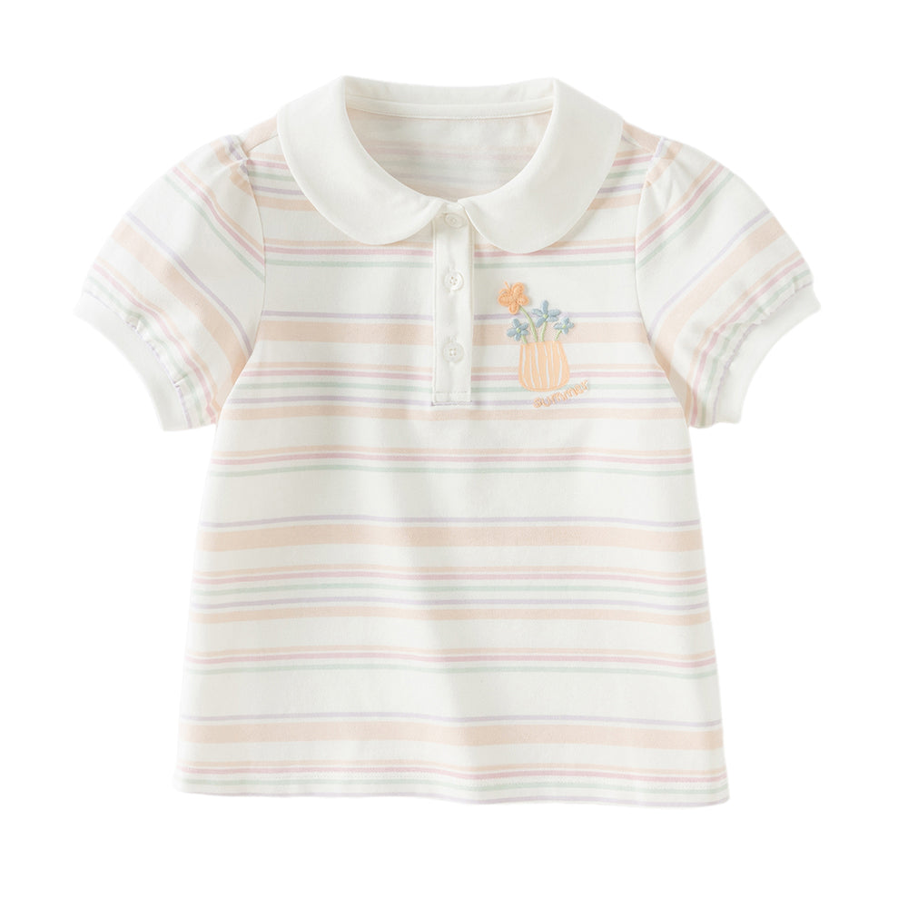 Dave&Bella Toddler Girls Summer Cute Orange Pink Striped College-style School Polos