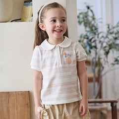 Dave&Bella Toddler Girls Summer Cute Orange Pink Striped College-style School Polos