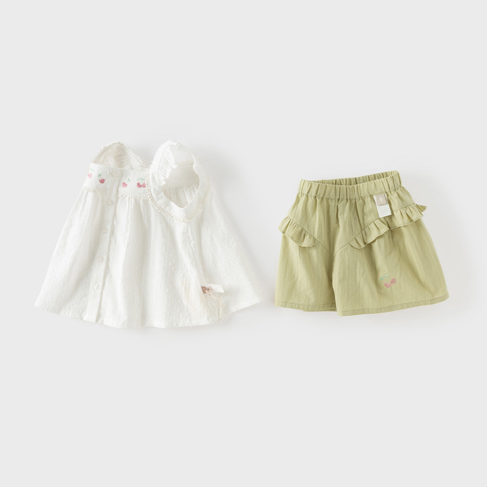 Dave&Bella Summer Toddler Girls White Sleeveless Cute Fruit Embroidery Soft Cotton Sets
