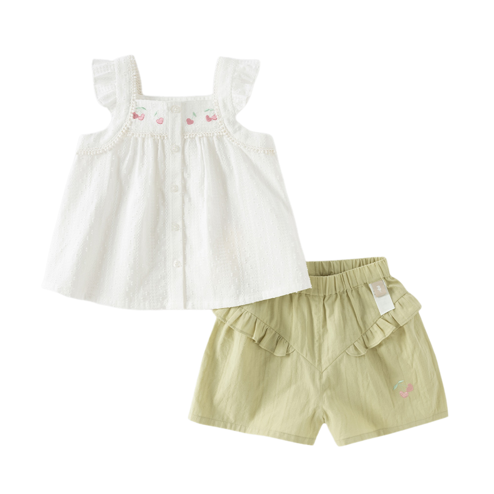 Dave&Bella Summer Toddler Girls White Sleeveless Cute Fruit Embroidery Soft Cotton Sets