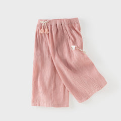 Dave&Bella Summer Kids Girls Sweet Pink Adjustable-waist Straight-leg Wide Soft Long Pant