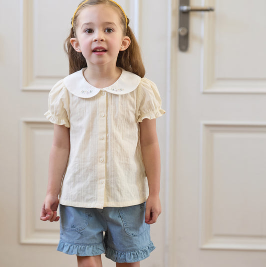 Dave&Bella Toddler Girls Summer Light Yellow Doll Collar College-style Soft Cotton Shirts