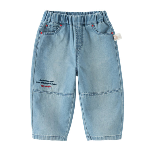 Dave&Bella Toddler Boys Summer Stylish Denim Blue Loose Straight-leg Casual Jeans