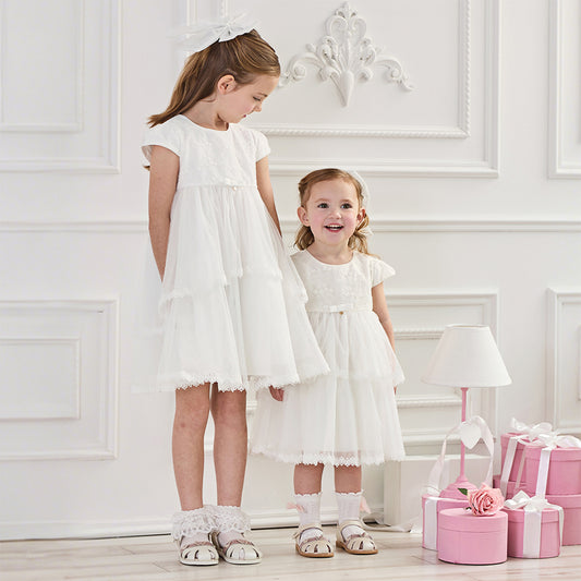 Dave&Bella Kids Girls Summer White Short Sleeve Lightweight Mesh A-line Dress(hair clip)