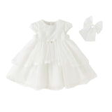 Dave&Bella Kids Girls Summer White Short Sleeve Lightweight Mesh A-line Dress(hair clip) -1(Copy)