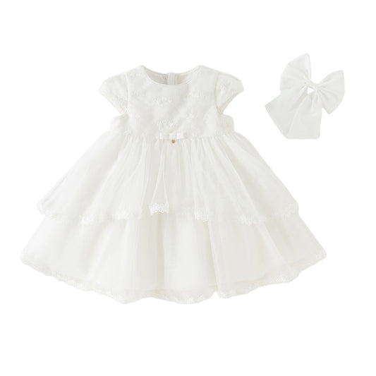 Dave&Bella Kids Girls Summer White Short Sleeve Lightweight Mesh A-line Dress(hair clip)