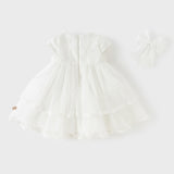 Dave&Bella Kids Girls Summer White Short Sleeve Lightweight Mesh A-line Dress(hair clip) -1(Copy)