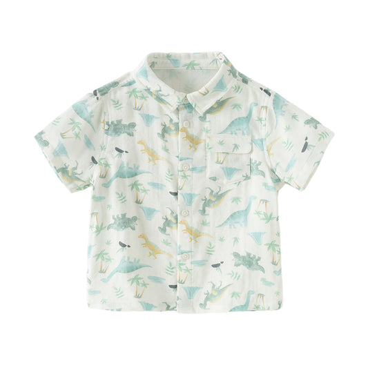 Dave&Bella Toddler Boys Summer Playful Dinosaur/White Print College-style Shirts