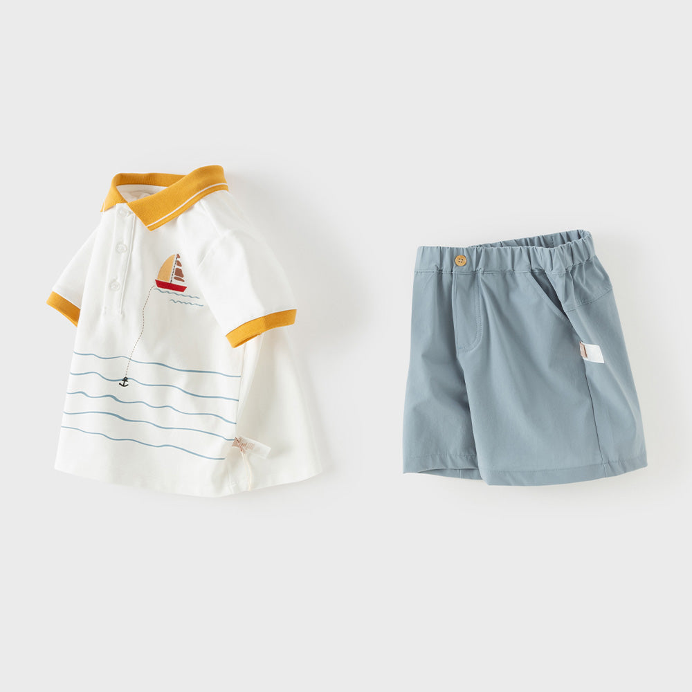 Dave&Bella Summer Toddler Boys Beige Polo Collar Print Daily Outfit Sets