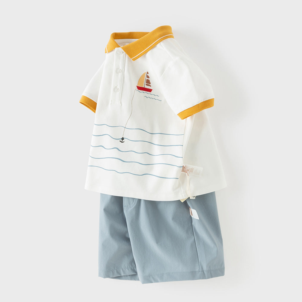 Dave&Bella Summer Toddler Boys Beige Polo Collar Print Daily Outfit Sets