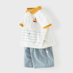 Dave&Bella Summer Toddler Boys Beige Polo Collar Print Daily Outfit Sets