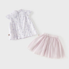 Dave&Bella Summer Toddler Girls Purple Pink Floral Chinese-style Top Mesh Skirt Suits