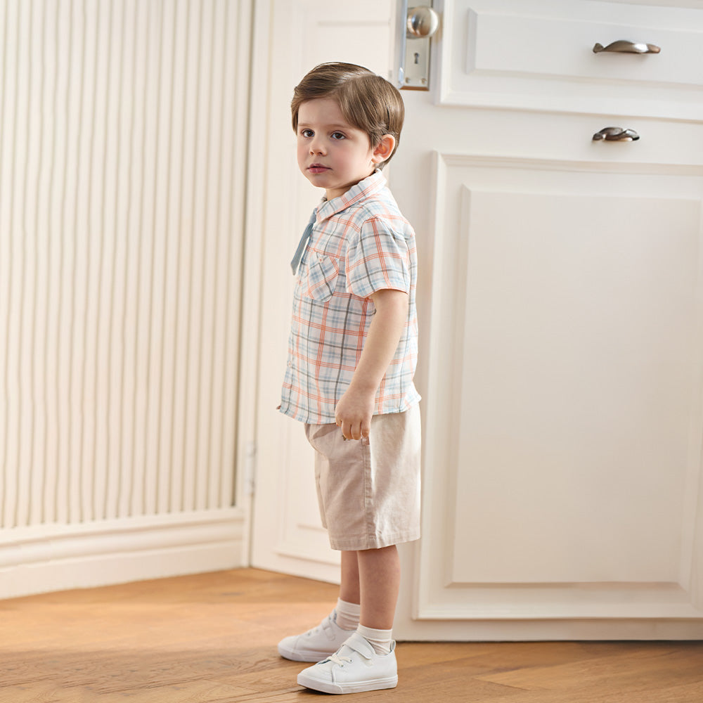 Dave&Bella Summer Toddler Boys Preppy Orange Red Plaid Bow Tie Formal Shirts