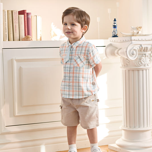 Dave&Bella Summer Toddler Boys Preppy Orange Red Plaid Bow Tie Formal Shirts