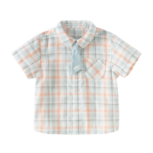 Dave&Bella Summer Toddler Boys Preppy Orange Red Plaid Bow Tie Formal Shirts
