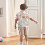 Dave&Bella Summer Toddler Boys Preppy Orange Red Plaid Bow Tie Formal Shirts
