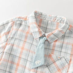 Dave&Bella Summer Toddler Boys Preppy Orange Red Plaid Bow Tie Formal Shirts