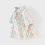 Dave&Bella Summer Toddler Boys Preppy Orange Red Plaid Bow Tie Formal Shirts