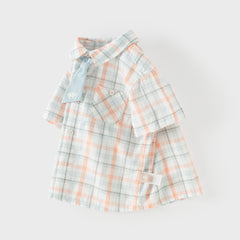 Dave&Bella Summer Toddler Boys Preppy Orange Red Plaid Bow Tie Formal Shirts