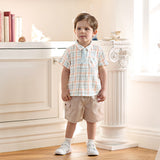 Dave&Bella Summer Toddler Boys Preppy Orange Red Plaid Bow Tie Formal Shirts