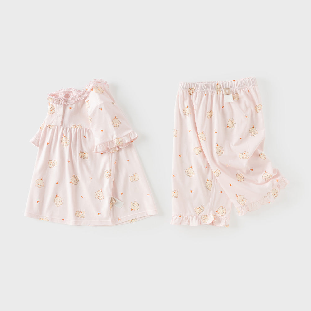 Dave&Bella Summer Toddler Girls Sweet Pink Print Short Sleeve Lightweight Cooling Pajamas