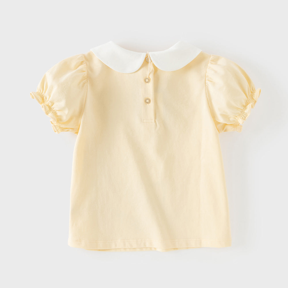 Dave&Bella Summer Toddler Girls Charming Yellow Breathable Cotton Cat Print T-shirts