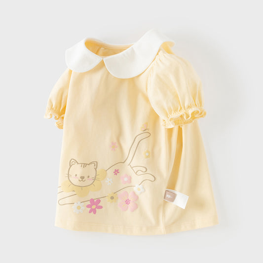 Dave&Bella Summer Toddler Girls Charming Yellow Breathable Cotton Cat Print T-shirts