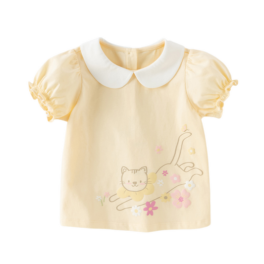 Dave&Bella Summer Toddler Girls Charming Yellow Breathable Cotton Cat Print T-shirts