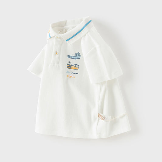 Dave&Bella Toddler Boys Summer College-style White Short Sleeve Formal Polos