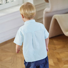 Dave&Bella Summer Toddler Boys Fashion Blue Striped Breathable Cotton College-style Shirts