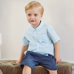 Dave&Bella Summer Toddler Boys Fashion Blue Striped Breathable Cotton College-style Shirts